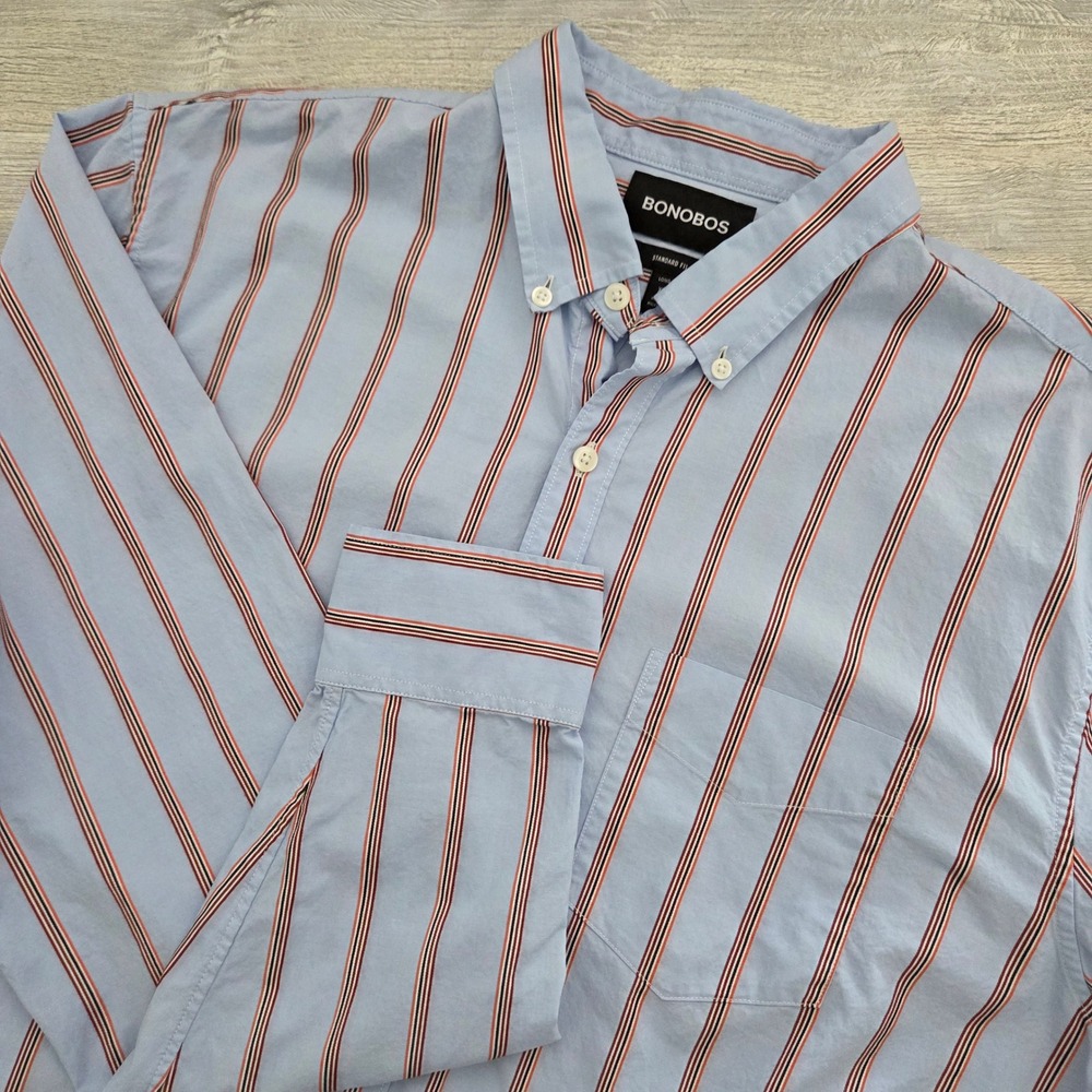 Bonobos Button Down Shirt Blue Striped Standard Fit Long Mens XL Long